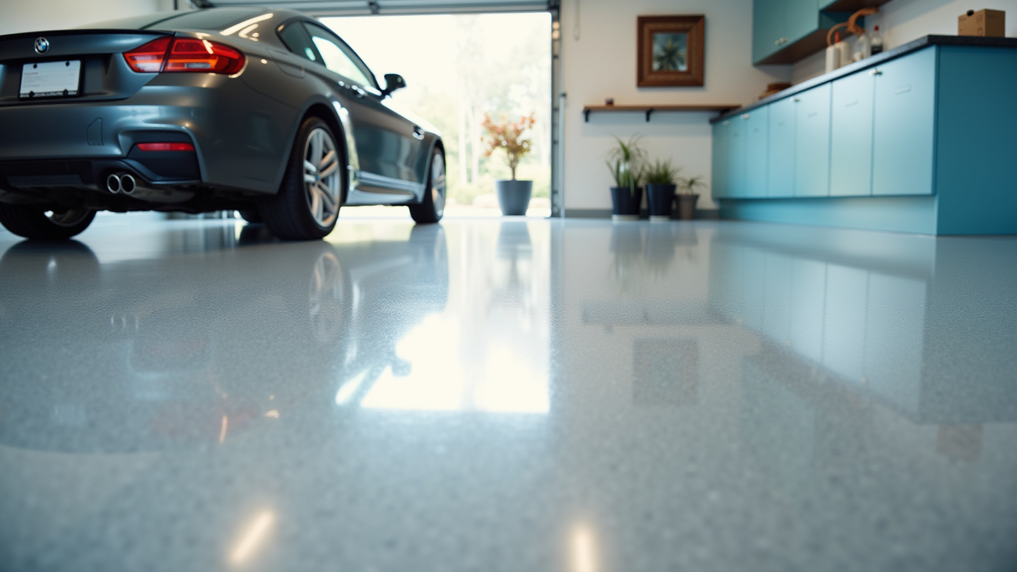 Sleek car in garage with polished epoxy floor