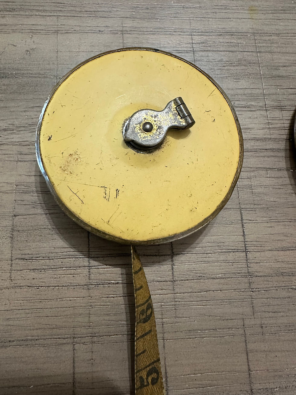 Thumbnail: Vintage Lufkin 50' Woven Cloth Measuring Tape in Brass & Metal Case USA