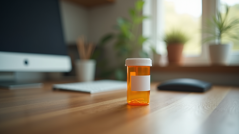 Eye-level view of a medical prescription bottle on a wooden desk