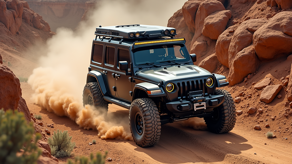 High angle view of a rugged off-road vehicle navigating a rocky trail