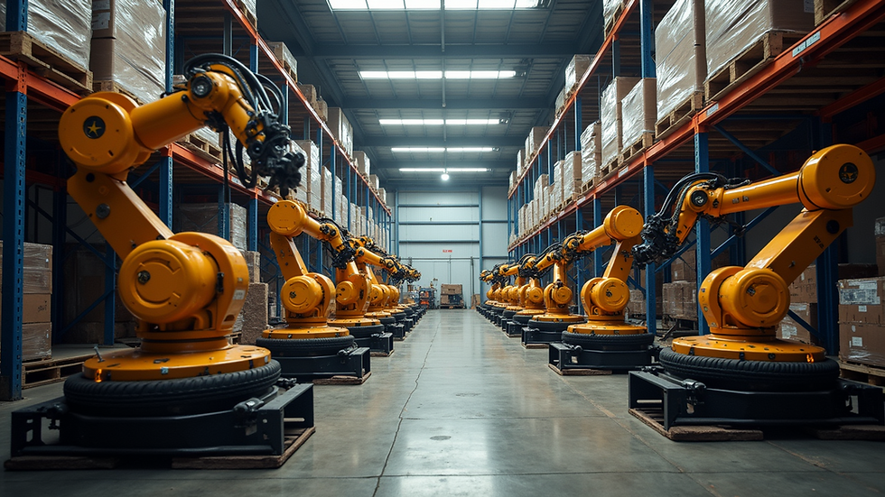 Eye-level view of industrial warehouse with automated robotic arms