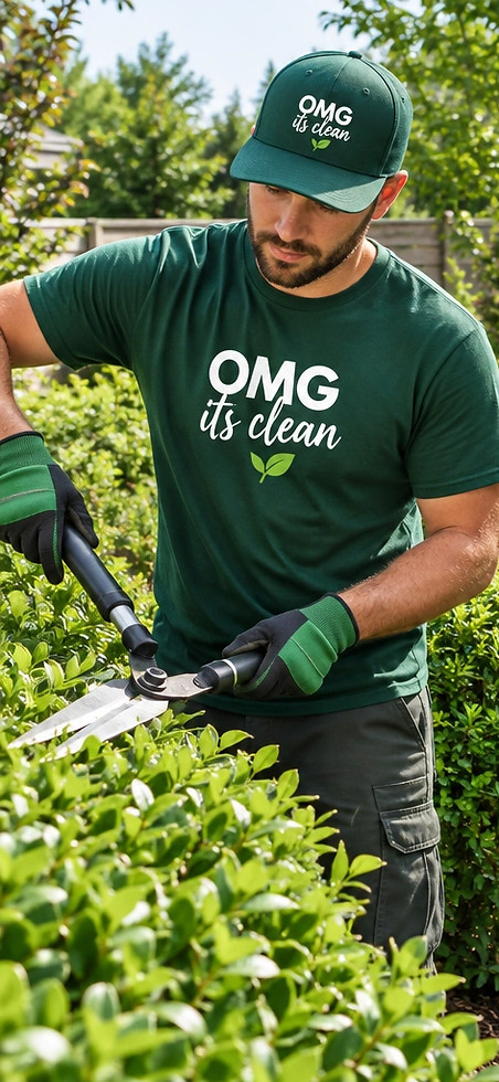generate proffesinal gardenign service with a gardeners working, text on tshits OMG its cl