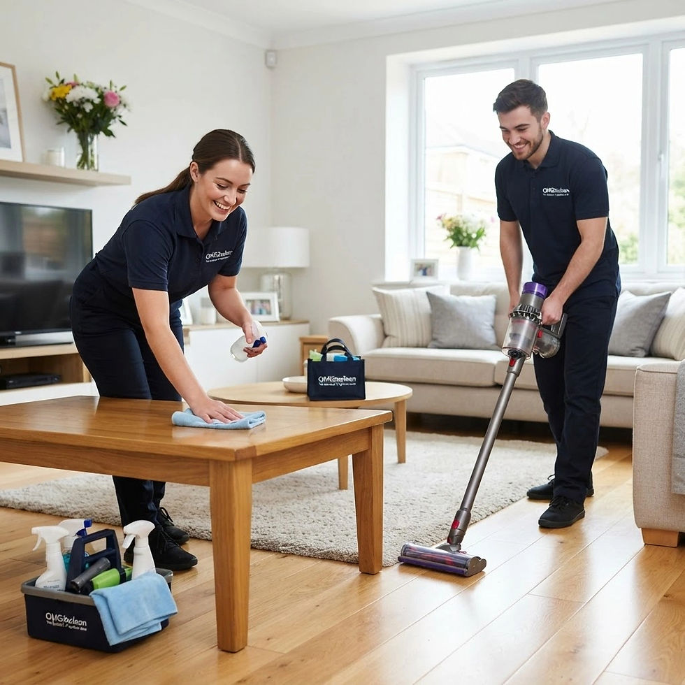 A professional cleaning team dusting and vacuuming a living room.