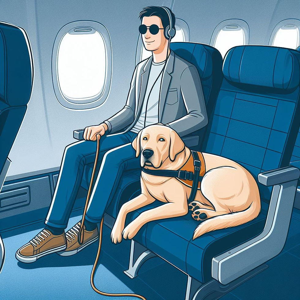 Um avião. Um passageiro cego está sentado na poltrona do avião, com fones de ouvido. Ao lado dele, está sentado um cão guia na poltrona do avião.