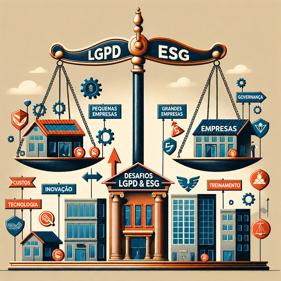 Infográfico com balança LGPD e ESG, empresas e ícones de governança, tecnologia, inovação, custos e treinamento.