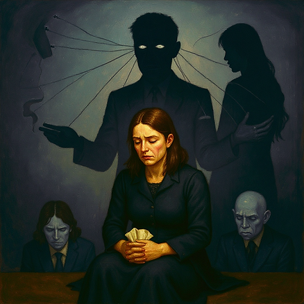 Uma pessoa sentada nas sombras com uma expressão triste e de vítima, mas sua sombra na parede atrás dela mostra uma figura manipuladora e controladora com cordas de marionete se estendendo em direção a outras pessoas. A pessoa parece vulnerável e abatida na superfície, vestindo roupas modestas, com lenços de papel por perto sugerindo que esteve chorando. No entanto, pistas visuais sutis revelam manipulação: um leve sorriso malicioso quase imperceptível, olhos que parecem calculistas apesar da expressão triste, e a sombra mostrando sua verdadeira natureza controladora. Ao redor dela, outras figuras parecem confusas ou emocionalmente esgotadas. Paleta de cores: cinzas suaves, azuis escuros e roxos sutis para transmitir manipulação oculta e manipulação emocional. Estilo: arte psicológica surreal com bordas suaves e mescladas, mas contrastes de sombra nítidos