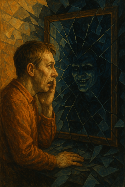 Uma pessoa adulta olhando para um espelho, mas o reflexo mostra uma versão sombria e distorcida de si mesma - representando os aspectos negados da personalidade. A pessoa real tem uma expressão de choque e medo, enquanto a sombra no espelho sorri de forma perturbadora. O ambiente ao redor está fragmentado, como se a realidade estivesse se despedaçando. Cores contrastantes: tons quentes para a pessoa real e tons frios e escuros para o reflexo.