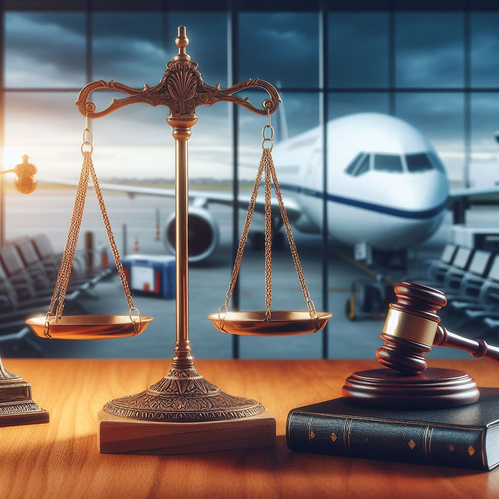 Ao fundo um saguão de aeroporto, com cadeiras e ao fundo da janela um avião parado. Mas à frente uma mesa de madeira, um martelo de um juiz sob um livro e uma balança da justiça em Dourado