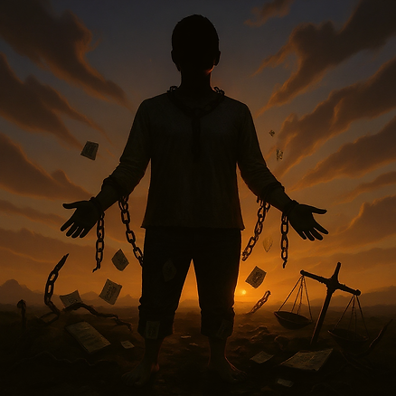 Uma figura sombria e de gênero neutro, com postura ereta e serena, está em meio a correntes quebradas, documentos legais rasgados, um espelho estilhaçado e uma balança desequilibrada. A cena é iluminada por um nascer do sol dourado em um céu em tons de violeta e laranja, simbolizando triunfo e liberdade após um período de opressão