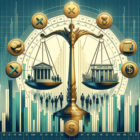 Ilustração de uma balança dourada com dois pratos equilibrados. Um prato contém um prédio em estilo governamental, simbolizando instituições legais, e o outro prato, um ícone de um tribunal, representando justiça. Ao fundo, um gráfico de barras ascendentes e ícones circulares remetem a elementos de análise, decisão e equidade no contexto jurídico