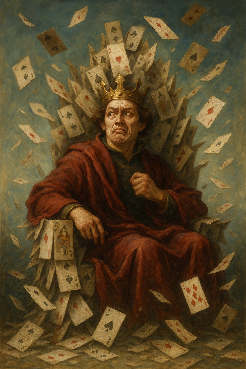 · Uma pessoa sentada majestosamente em um trono feito de cartas de baralho · As cartas estão começando a desmoronar e voar · A expressão da pessoa mostra pânico disfarçado de arrogância · Estilo: Fantástico com elementos oníricos