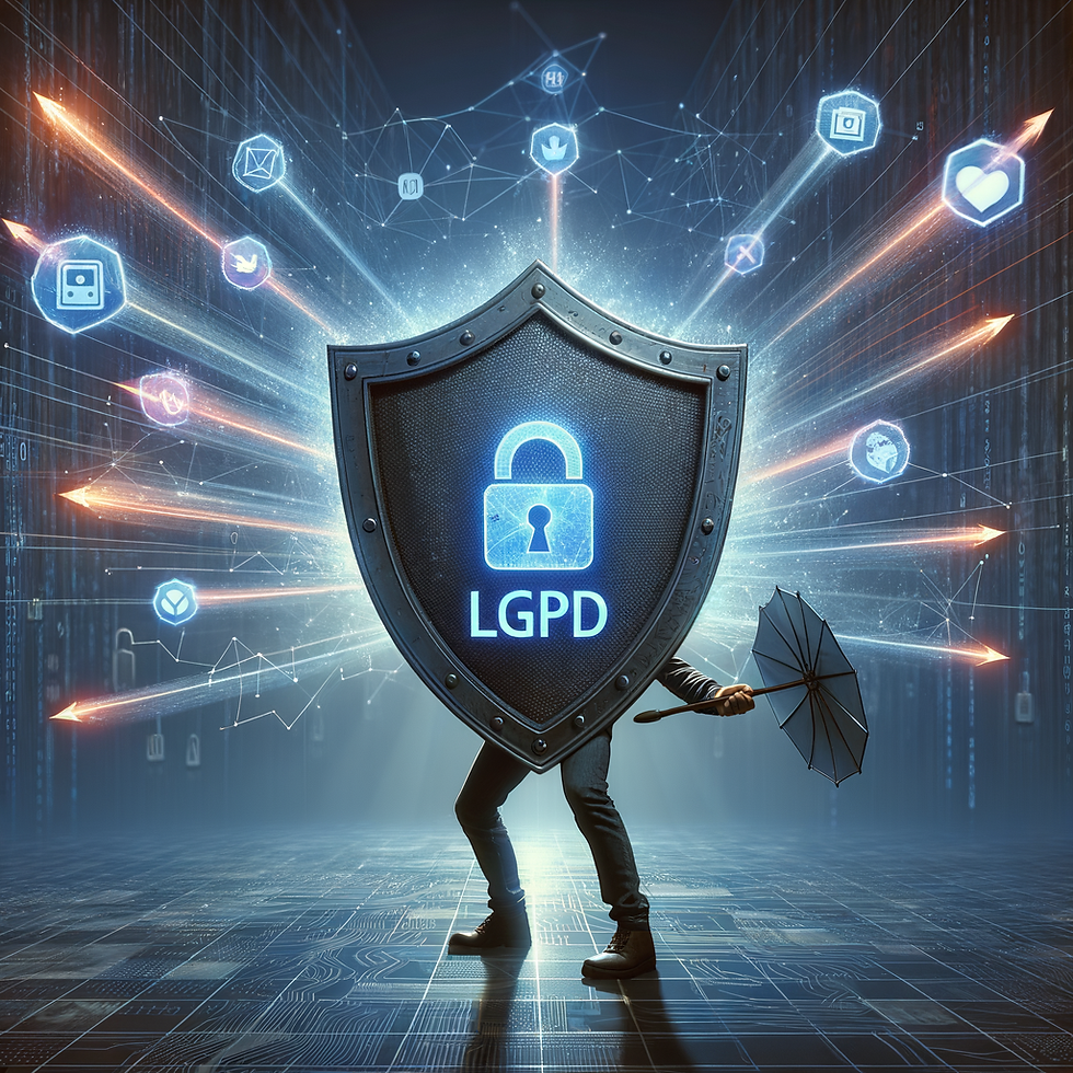 Um usuário segurando um escudo em posição de defesa. O escudo tem inscrito "LGPD" e reflete raios ou flechas digitais que vêm de várias direções, cada uma com um ícone de rede social diferente