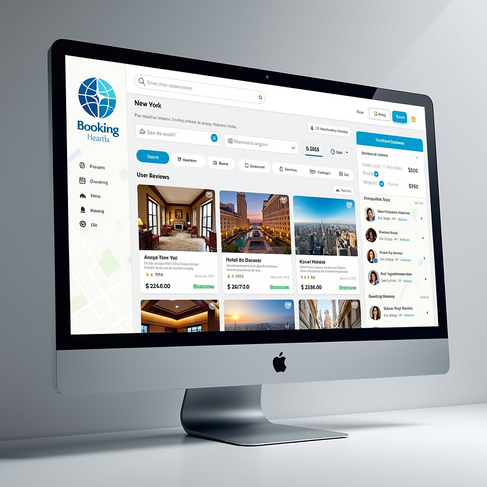 Uma tela mostrando uma interface de usuário típica de uma plataforma de turismo online. A tela exibe várias opções de hotéis em Nova York, com fotos de quartos, preços e avaliações de usuários. No canto superior da tela, há um logotipo genérico de uma plataforma de turismo
