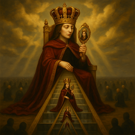 Uma pessoa sentada em um enorme trono dourado, no topo de uma escada de espelhos que reflete apenas sua própria imagem repetidas vezes. Ela veste uma capa longa de veludo vermelho com bordados dourados, coroada com uma coroa exageradamente grande, quase maior que sua própria cabeça. Em suas mãos, segura um espelho de mão com moldura de ouro, olhando para si mesma com expressão de adoração. Ao redor, pessoas pequenas e desfocadas, ajoelhadas, mas elas não têm rostos — representando a indiferença e desumanização que o narcisista sente pelos outros. O cenário é surreal: o céu é carregado de nuvens douradas, e fachos de luz iluminam apenas o trono, enquanto o resto permanece em sombras. Cores principais: dourado, vermelho profundo, preto e tons sutis de cinza. Estilo: Arte digital fantástica e onírica, com detalhes realistas e iluminação dramática.