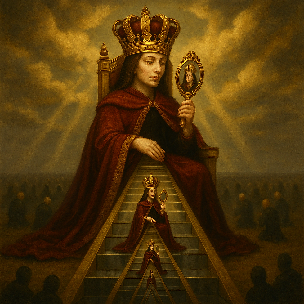 Uma pessoa sentada em um enorme trono dourado, no topo de uma escada de espelhos que reflete apenas sua própria imagem repetidas vezes. Ela veste uma capa longa de veludo vermelho com bordados dourados, coroada com uma coroa exageradamente grande, quase maior que sua própria cabeça. Em suas mãos, segura um espelho de mão com moldura de ouro, olhando para si mesma com expressão de adoração. Ao redor, pessoas pequenas e desfocadas, ajoelhadas, mas elas não têm rostos — representando a indiferença e desumanização que o narcisista sente pelos outros. O cenário é surreal: o céu é carregado de nuvens douradas, e fachos de luz iluminam apenas o trono, enquanto o resto permanece em sombras. Cores principais: dourado, vermelho profundo, preto e tons sutis de cinza. Estilo: Arte digital fantástica e onírica, com detalhes realistas e iluminação dramática.