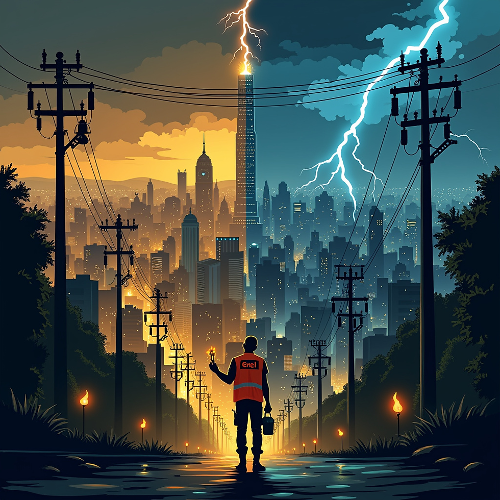 uma ilustração estilizada da cidade de São Paulo à noite. No centro, vê-se o icônico edifício Copan e outros arranha-céus conhecidos. Metade da cidade está iluminada, enquanto a outra metade está completamente escura. No céu, nuvens de tempestade se formam, com raios caindo sobre transformadores elétricos. Na parte escura da cidade, pessoas seguram velas e lanternas, olhando para cima com expressões de frustração. Um funcionário da Enel, representado como uma figura minúscula, tenta consertar um poste caído, parecendo sobrecarregado pela tarefa.