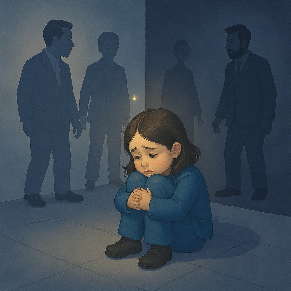 Uma ilustração estilizada e melancólica de uma criança pequena sentada sozinha em um canto escuro, abraçando os joelhos, com uma expressão de tristeza e abandono. Ao fundo, sombras gigantescas de adultos discutindo ou se afastando. A paleta de cores deve ser predominantemente azul e cinza, com um pequeno foco de luz dourada sobre a criança, simbolizando a esperança de cura. Estilo: aquarela com traços suaves e emotivos.