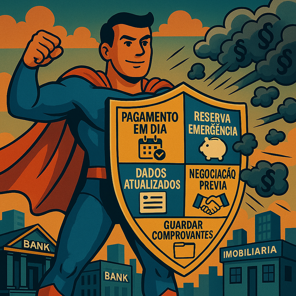 Uma ilustração no estilo de super-herói onde um personagem consumidor está usando um "escudo protetor" contra as ameaças da nova lei. O escudo é dividido em seis partes, cada uma representando uma dica de proteção:"Pagamento em Dia" (símbolo de calendário),"Reserva de Emergência" (símbolo de cofrinho), "Dados Atualizados" (símbolo de formulário), "Negociação Prévia" (símbolo de aperto de mãos),"Conhecer seus Direitos" (símbolo de livro/lei), "Guardar Comprovantes" (símbolo de pasta organizada).Ao fundo, vê-se uma cidade com bancos e imobiliárias, e nuvens em formato de "§" (símbolo de lei) pairando sobre a cena. O personagem tem uma expressão confiante, mostrando que, com as precauções certas, é possível se protegerUma ilustração no estilo de super-herói onde um personagem consumidor está usando um "escudo protetor" contra as ameaças da nova lei. O escudo é dividido em seis partes, cada uma representando uma dica de proteção:"Pagamento em Dia" (símbolo de calendário),"Reserva de Emergência" (símbolo de cofrinho), "Dados Atualizados" (símbolo de formulário), "Negociação Prévia" (símbolo de aperto de mãos),"Conhecer seus Direitos" (símbolo de livro/lei), "Guardar Comprovantes" (símbolo de pasta organizada).Ao fundo, vê-se uma cidade com bancos e imobiliárias, e nuvens em formato de "§" (símbolo de lei) pairando sobre a cena. O personagem tem uma expressão confiante, mostrando que, com as precauções certas, é possível se proteger das mudanças da nova lei. das mudanças da nova lei.