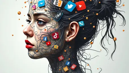 Retrato artístico de uma mulher de perfil com cabelo preso e expressão serena. Ícones de mídias sociais, como corações, balões de fala e quadrados coloridos, adornam seu rosto e pescoço, simbolizando a conexão entre identidade pessoal e tecnologia digital. O fundo é claro e minimalista, destacando os detalhes na figura