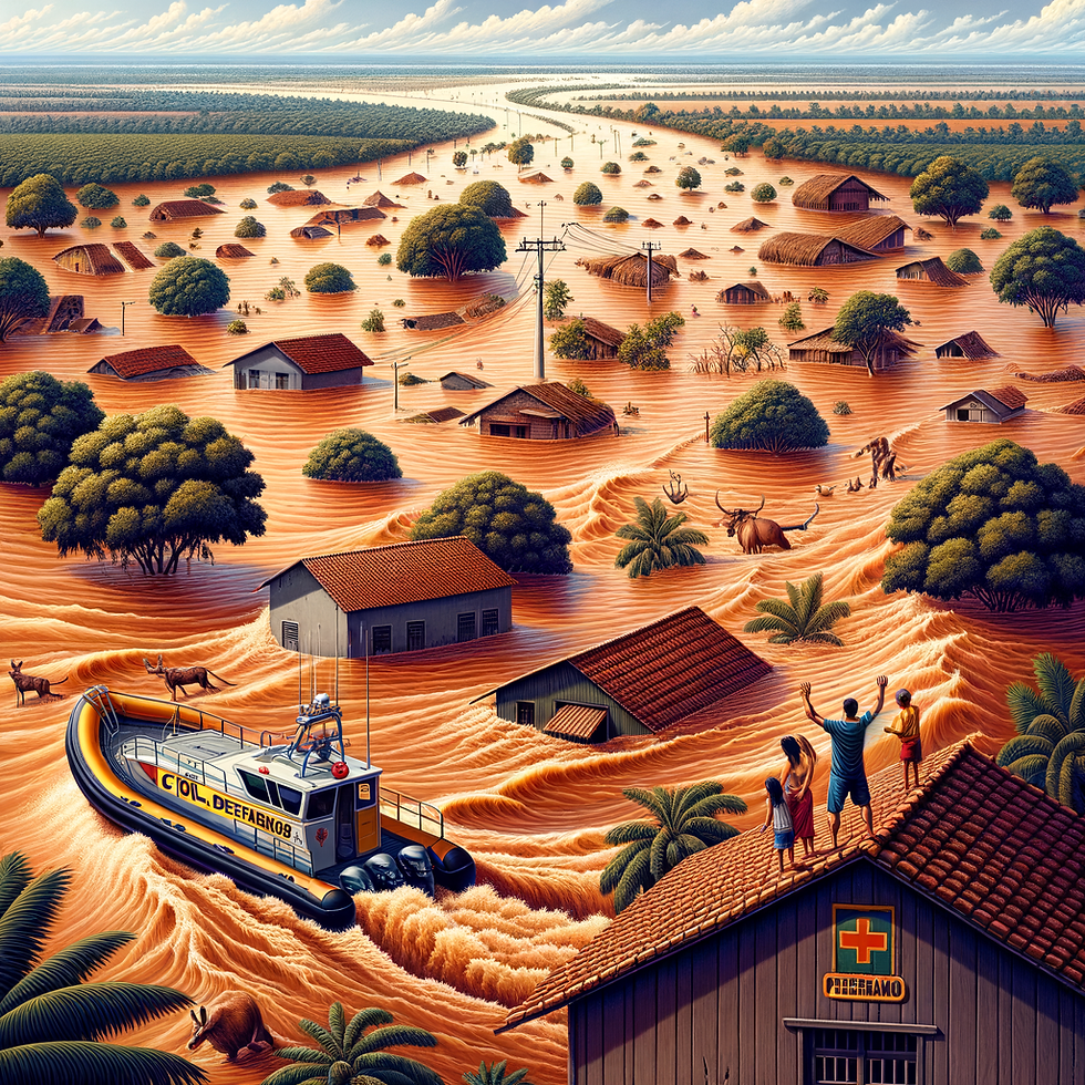 uma paisagem interior do Rio Grande do Sul,. O rio está transbordando, com águas marrons cobrindo casas e campos. as casas estao cobertas de agua e só aparecem os tetos. Árvores estão sendo arrancadas pela força da água. No primeiro plano, vê-se uma família em um telhado, acenando por socorro. Um barco da Defesa Civil se aproxima para resgatá-los. Ao fundo, animais tentando se salvar na correnteza.