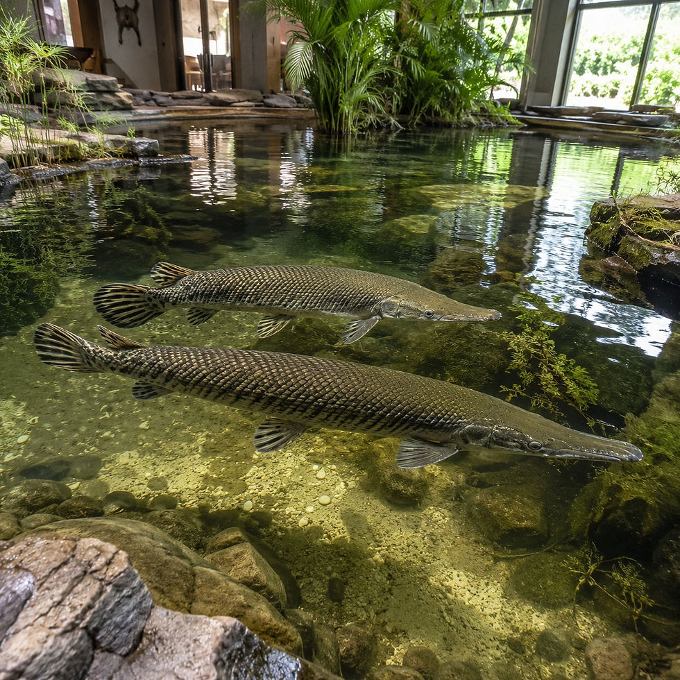 Two alligator gars swim in a clear indoor pond with rocks and lush green plants, creating a serene and natural environment.