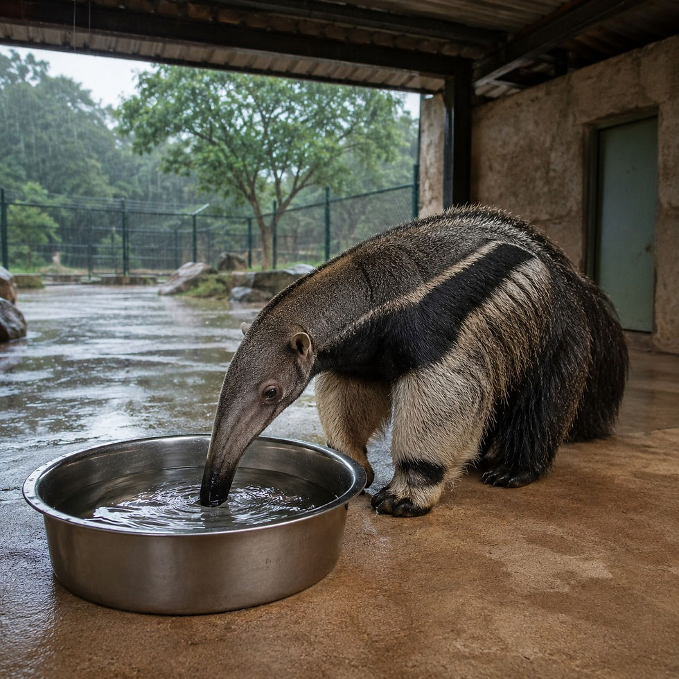 Anteater drinking from a metal bowl on a wet concrete floor, with a rainy outdoor setting and lush green trees in the background.