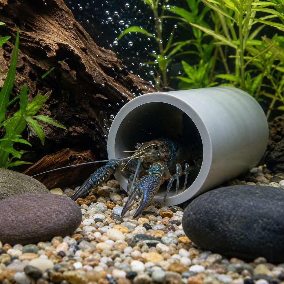 Blue crayfish emerging from a white pipe in an aquarium, with bubbles, green plants, driftwood, and pebbled gravel background.