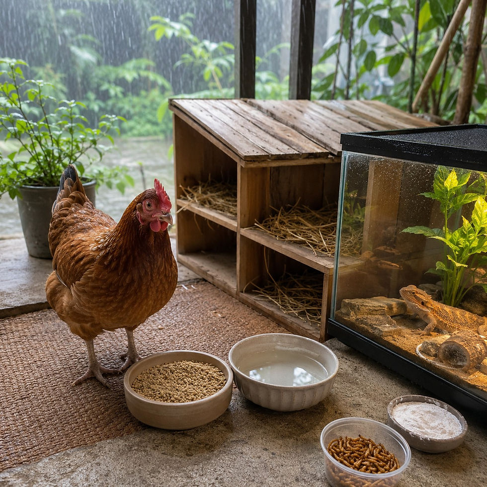 Brown hen beside food and water bowls, a lizard terrarium, and wooden nesting boxes on a rainy porch.