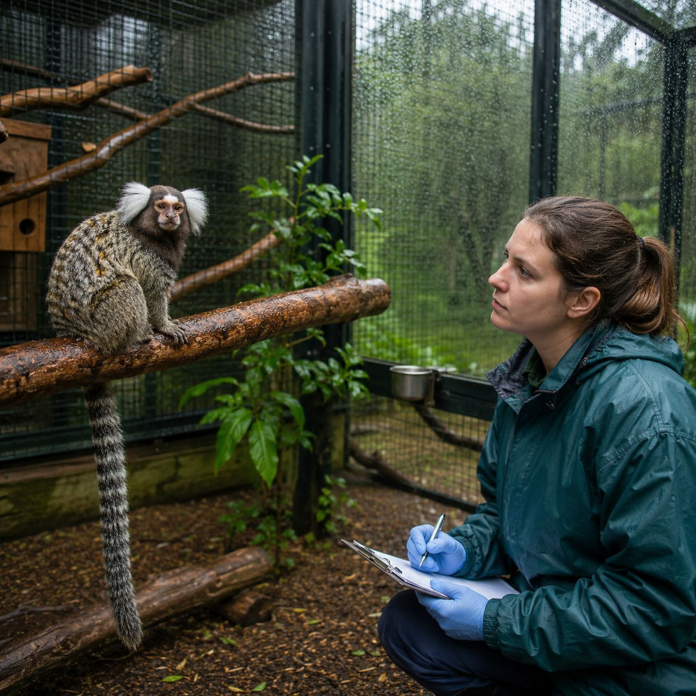 Zookeeper in a green jacket observes a marmoset on a branch, taking notes in a lush, caged sanctuary with rainy weather.
