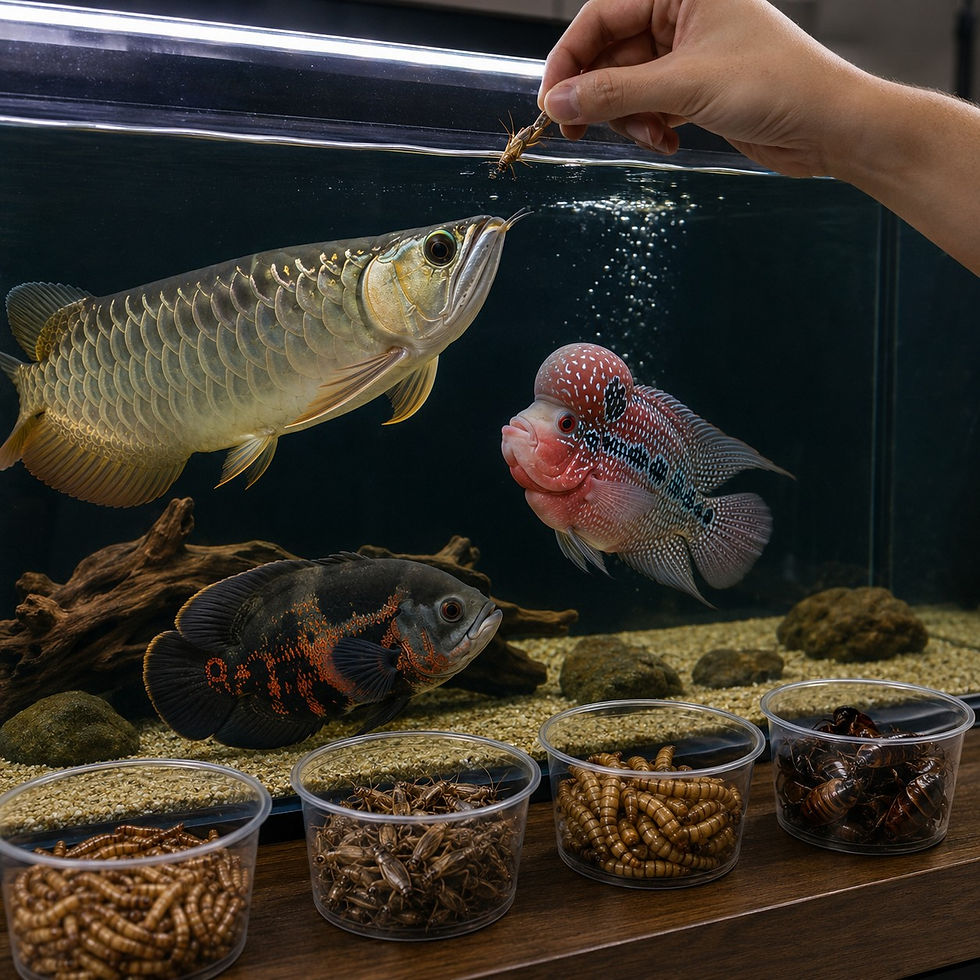 Predator aquarium fish reacting to clean live feeder insects with mealworms crickets superworms and roaches in feeding cups