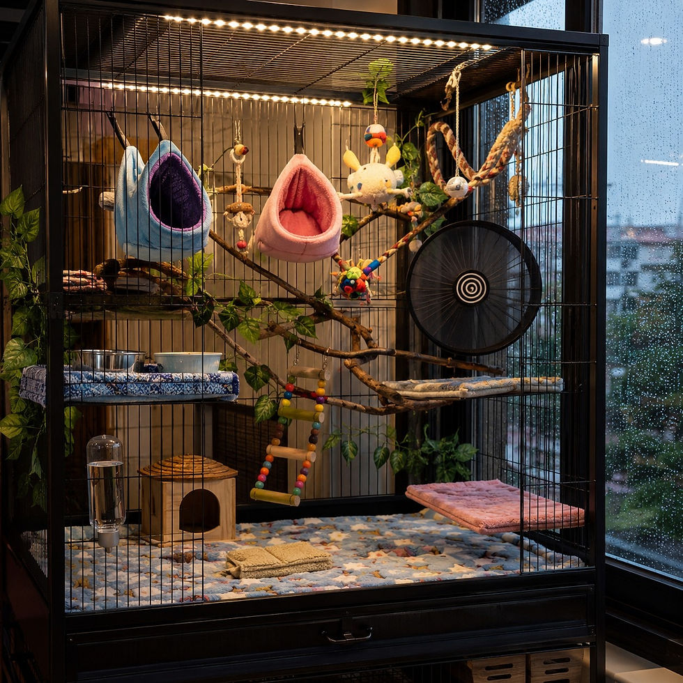 Large pet cage with hammocks, toys, and climbing branches. Colorful items inside. Rainy window view in the background, cozy ambiance.