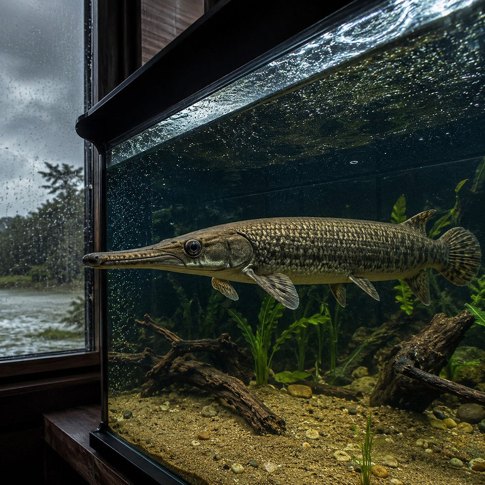 Fish swimming in an aquarium with sandy bottom and plants. Outside, a rainy window shows a blurred landscape. The scene is calm and moody.