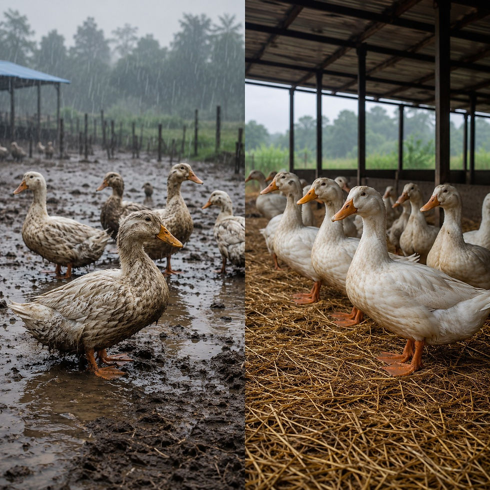 Ducks in a muddy field under rain with a blue roof in the background, compared to ducks on dry straw in a sheltered area.