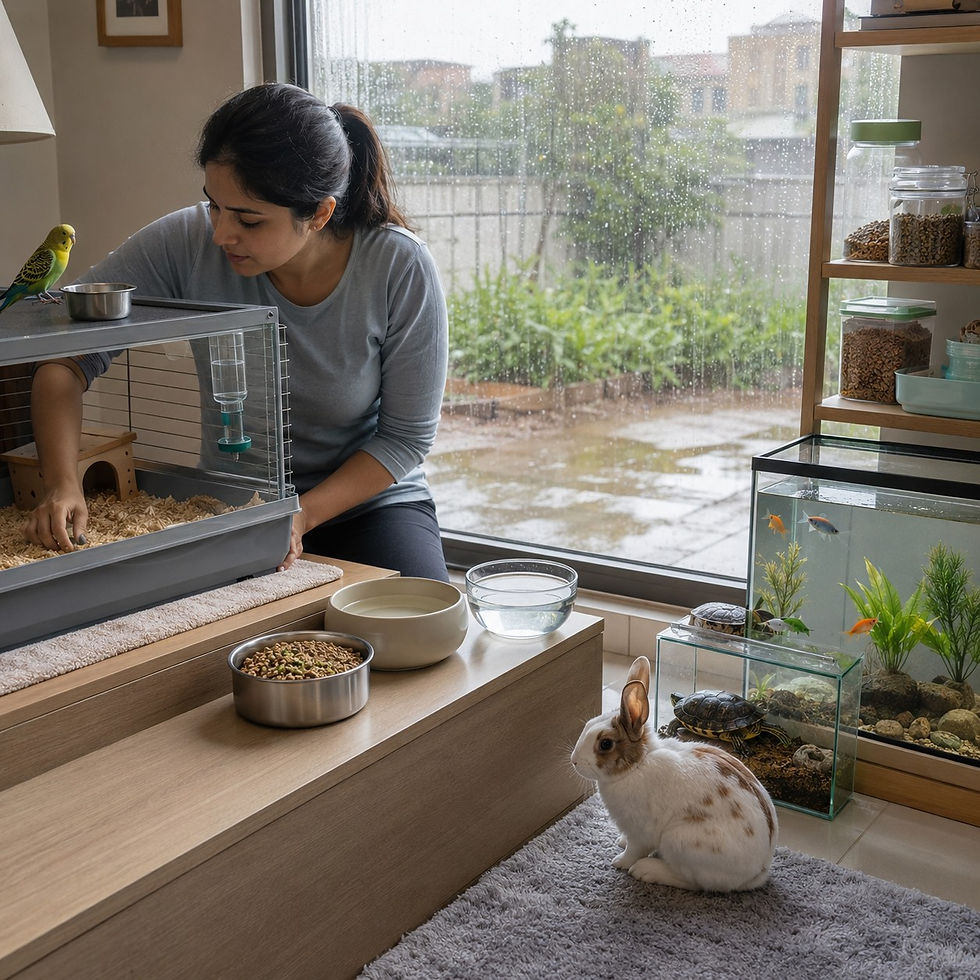 Woman tends a bird cage beside a rabbit, fish tanks, and turtle enclosures in a cozy rainy room.