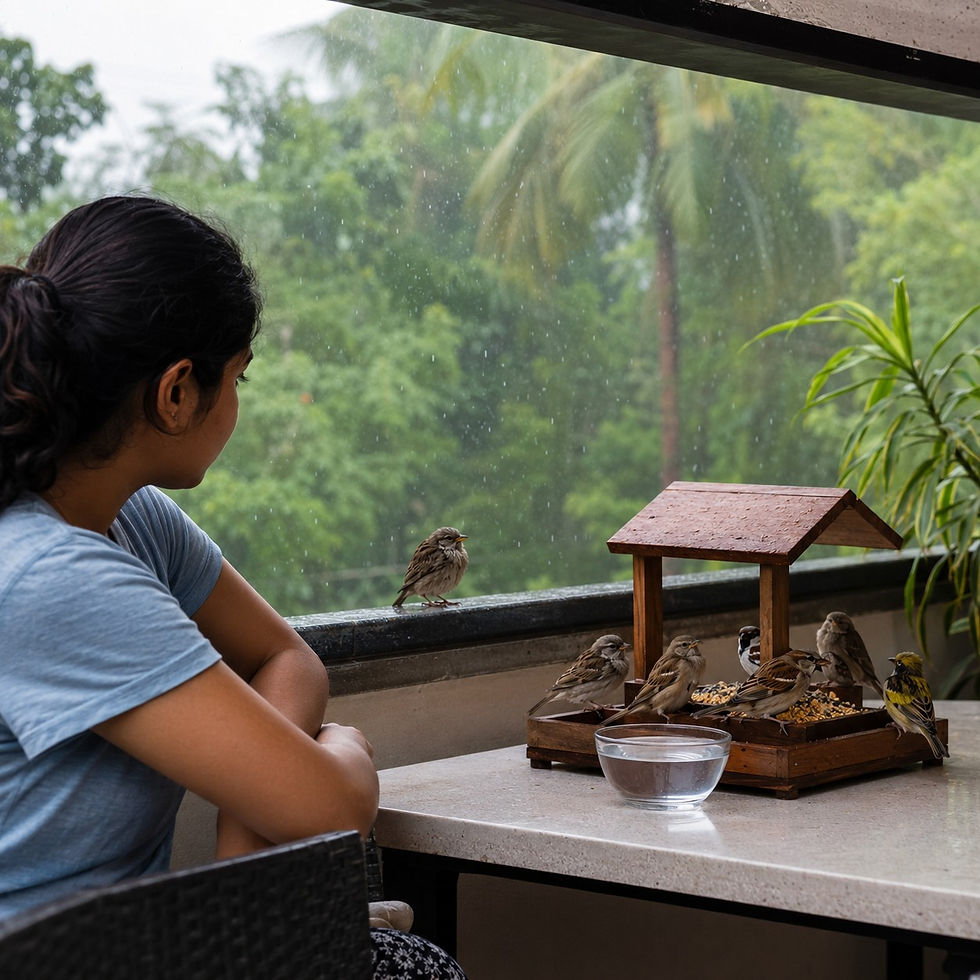 Woman watches sparrows and a yellow bird at a wooden feeder on a rainy balcony, with lush green trees outside.