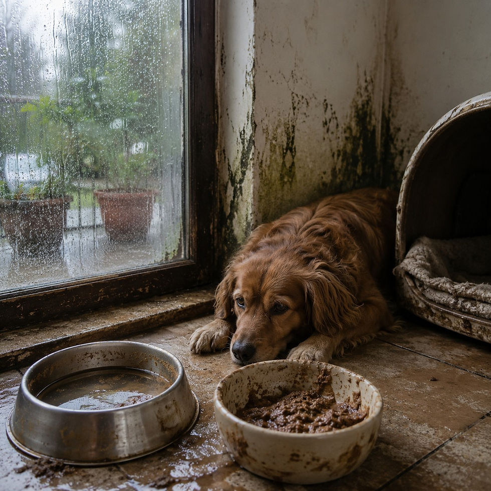 Sad brown dog lies by muddy food and water bowls beside a rainy window and moldy wall.