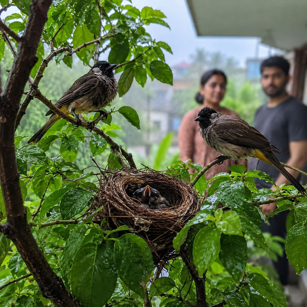 Two birds guard chicks in a nest on a rain-soaked leafy branch, with two blurred people watching from a balcony.