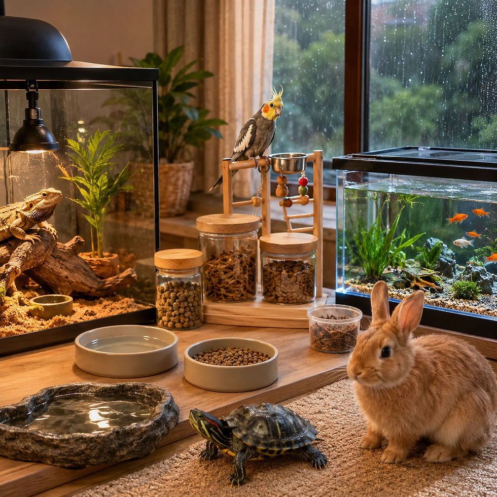 Rabbit, turtle, cockatiel, and bearded dragon in a cozy pet room with tanks, bowls, and a rainy window.