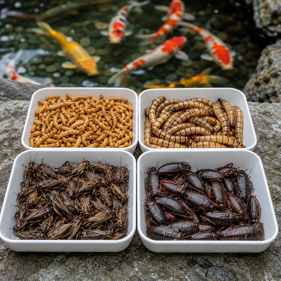Four trays with worms, beetle larvae, crickets, and cockroaches on a rock. Koi fish swim in a pond in the background.