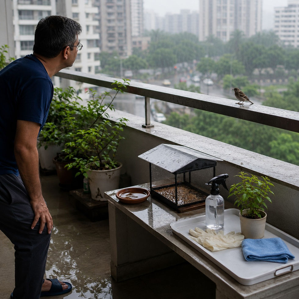 Man on a rainy balcony watches a small bird on the railing, with potted plants and city high-rises in the misty background.