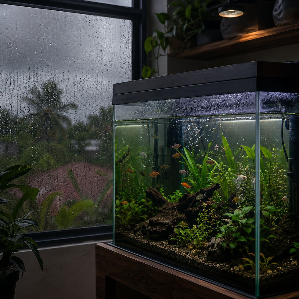 Home aquarium during rainy season with healthy slow-moving fish, cloudy daylight, clean water and rain outside window