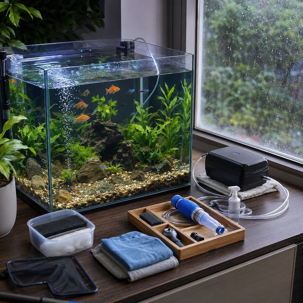 Aquarium with battery air pump, gentle bubbles, healthy fish, and safe emergency setup for monsoon power cuts