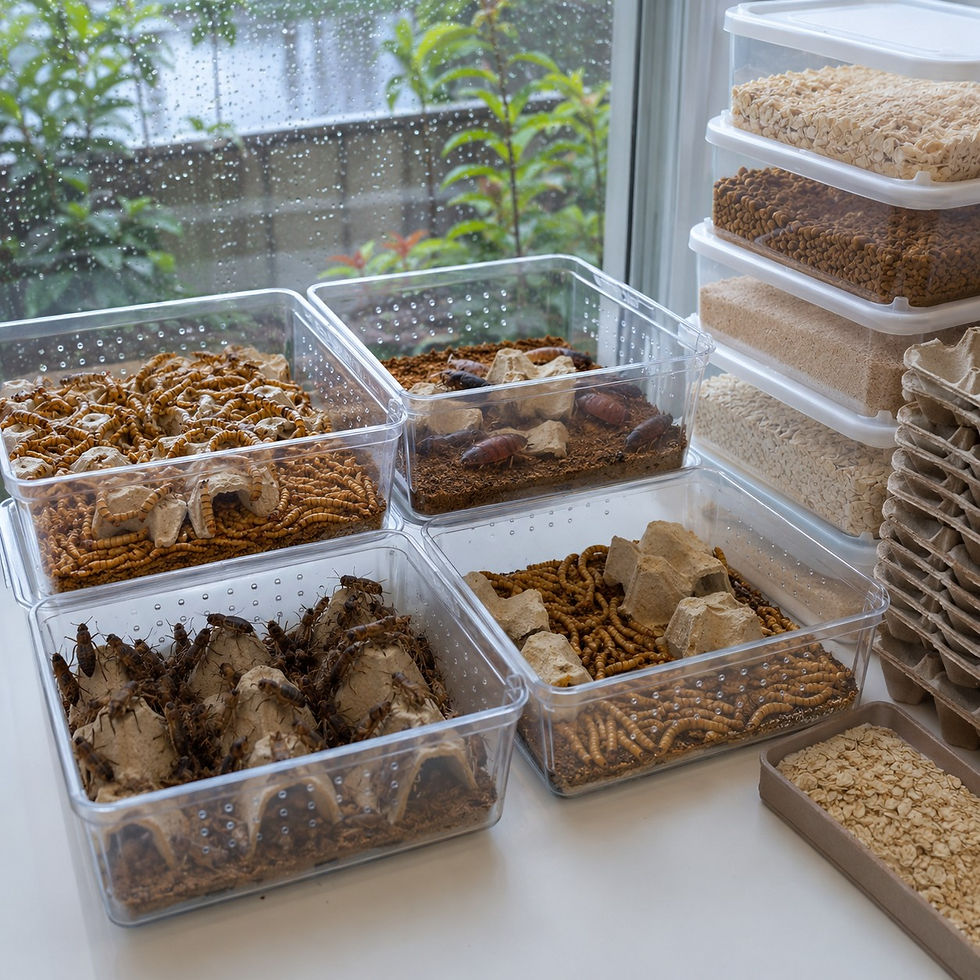 Clear plastic bins of mealworms and crickets on a windowsill, with rainy garden outside and stacked feed containers nearby