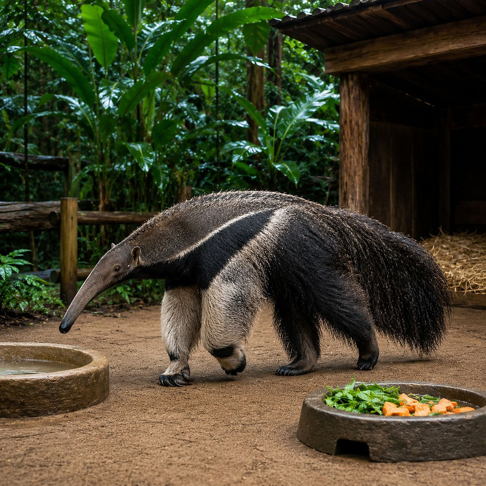 An anteater walks on sandy ground near a food tray with greens and carrots. Lush green foliage and a wooden structure are in the background.