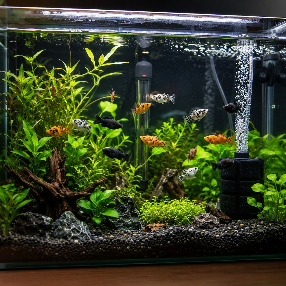 Colorful fish swim in a planted aquarium with bubbles rising from a filter. Green plants and rocks create a lively underwater scene.