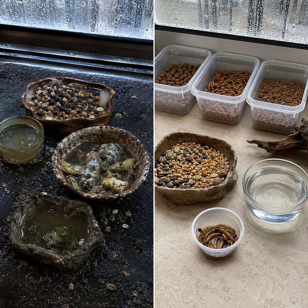 Split view of pet food prep by a rainy window: dirty feeding bowls on left, neatly sorted insects, seeds, and water on right