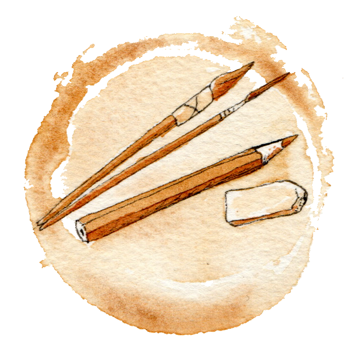 Pinceaux, crayon et gomme sur fond beige aquarelle. Tons terreux et ambiance artistique.