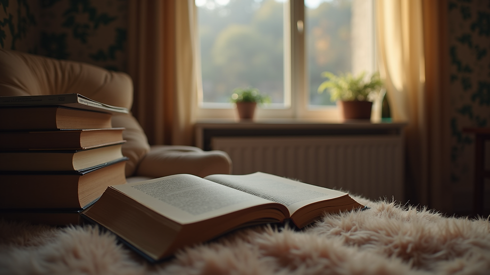 Eye-level view of a cozy reading nook with a stack of books