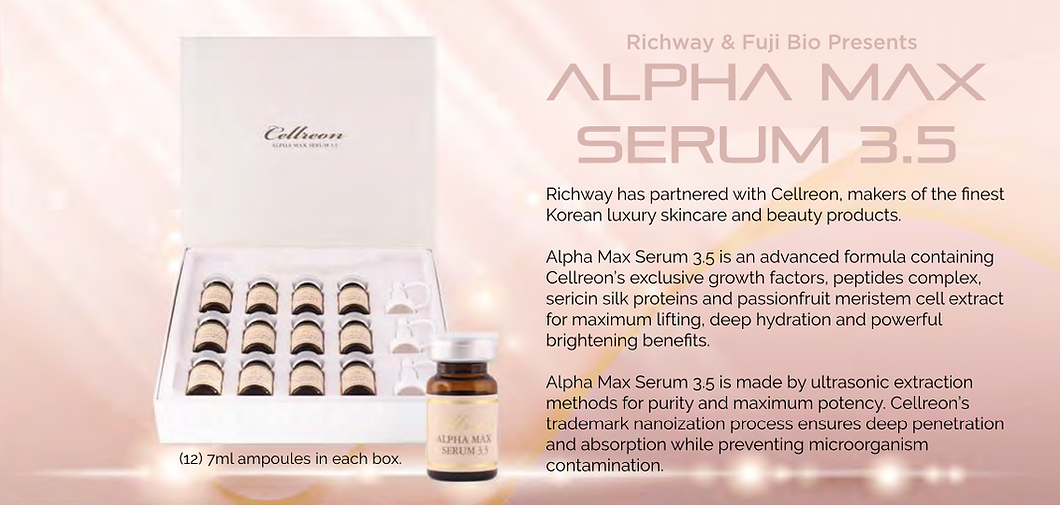 Alpha Max Serum by Richway An intensive serum to combat dry skin, wrinkles, elasticity, loss of volume, and reduce the appearance of age spots and uneven skin tone due to aging. Alpha Max Serum 3.5 nourishes the skin while maintaining a smooth and youthful texture. No artifical colors, fragrance parabens or harsh additives that can be harmful to your skin