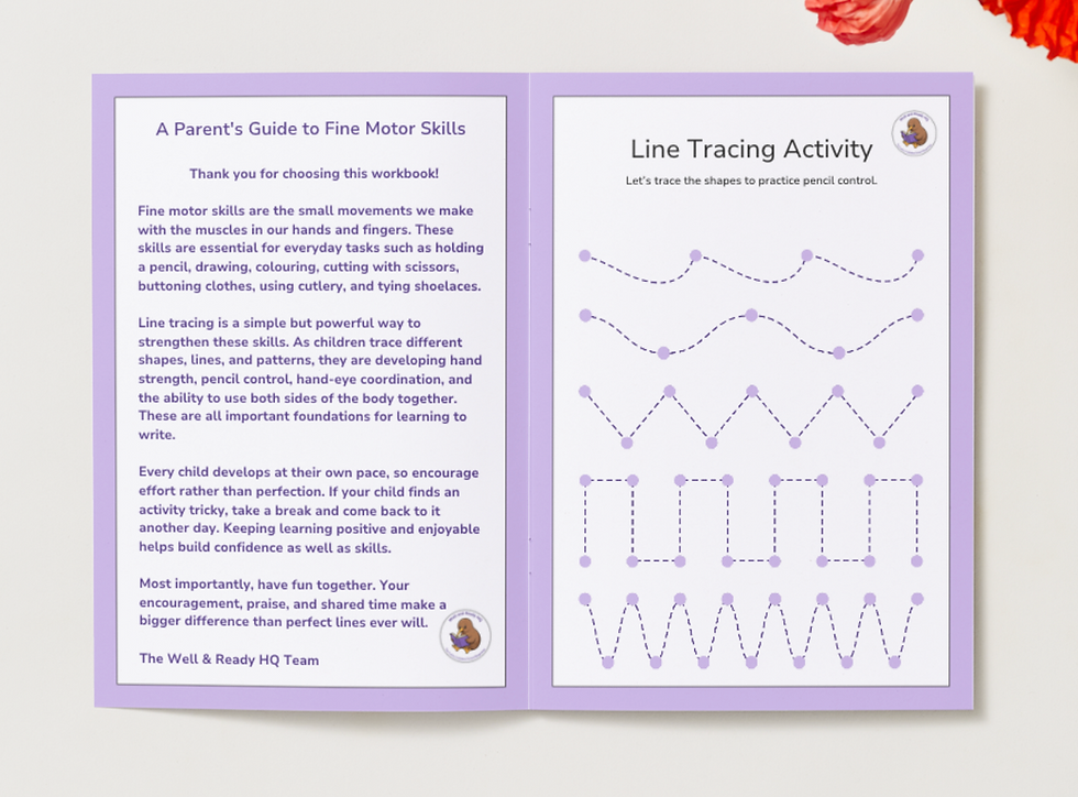Fine Motor Skills Line Tracing Workbook guide and activity page